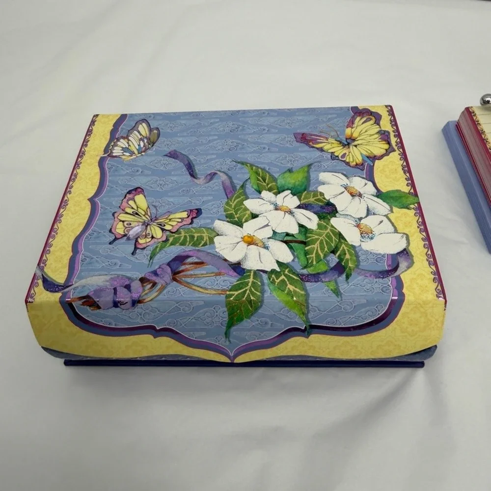 Pictura Stationery Set Butterfly Floral Purple Blue Keepsake Box w/ Pen NEW